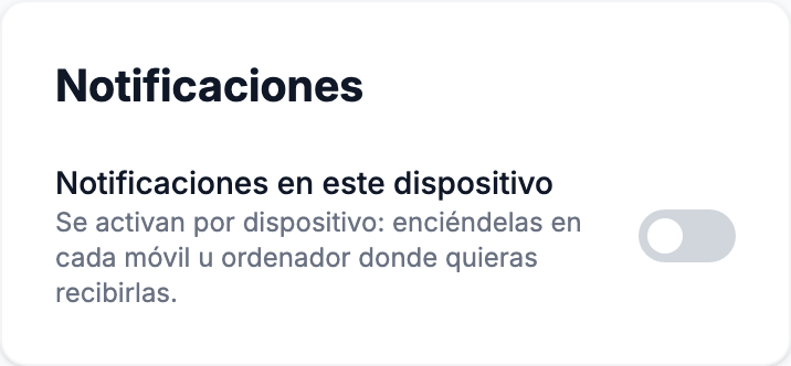 Sección de notificaciones en Ajustes con el interruptor