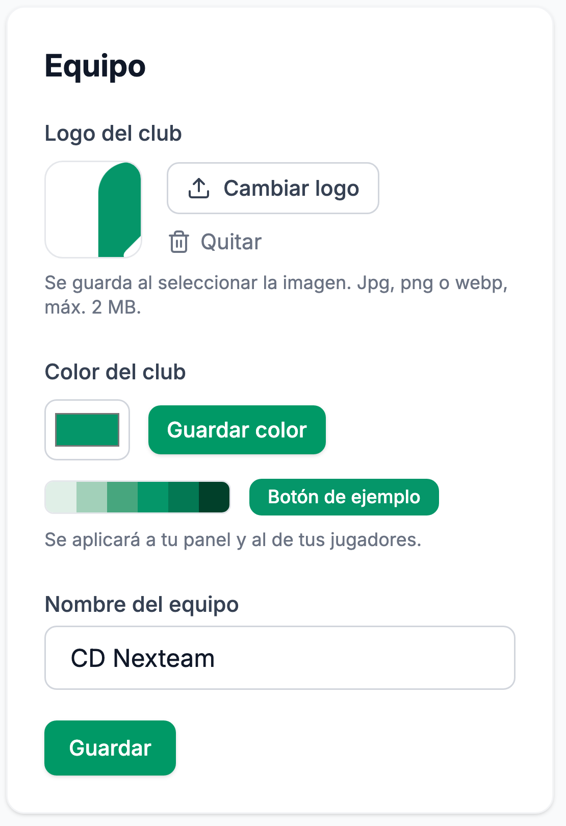Ajustes del club con el logo y el color primario