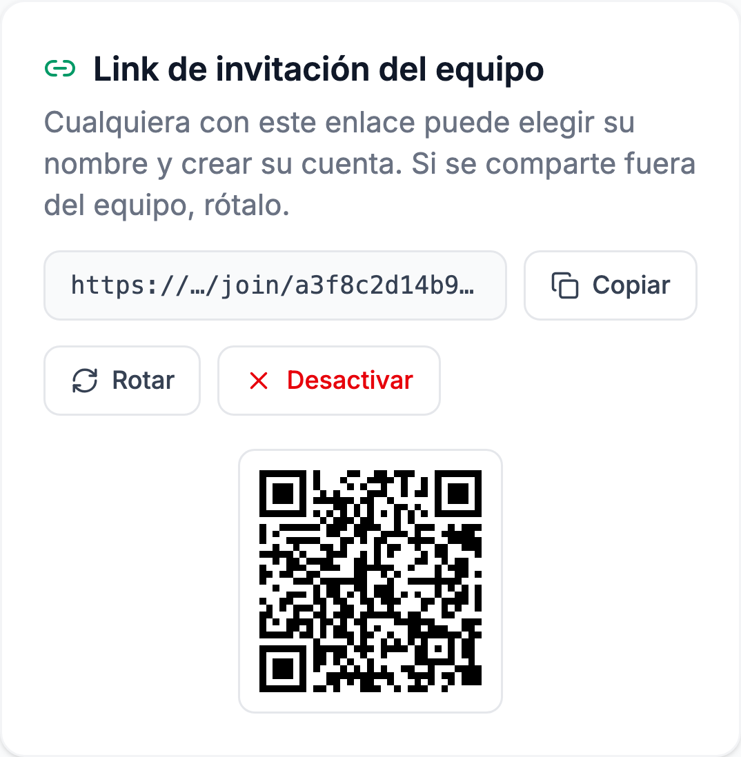 Card del link de invitación del equipo con el enlace, el botón de copiar y el QR
