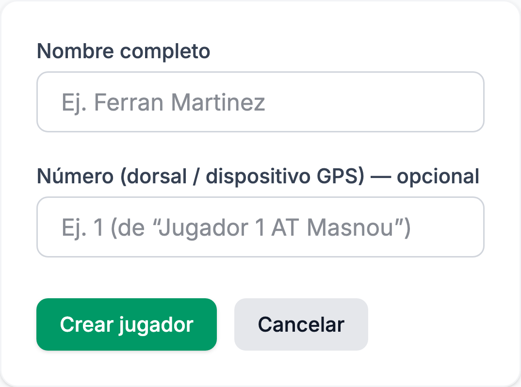 Formulario de alta de un jugador con nombre y dorsal
