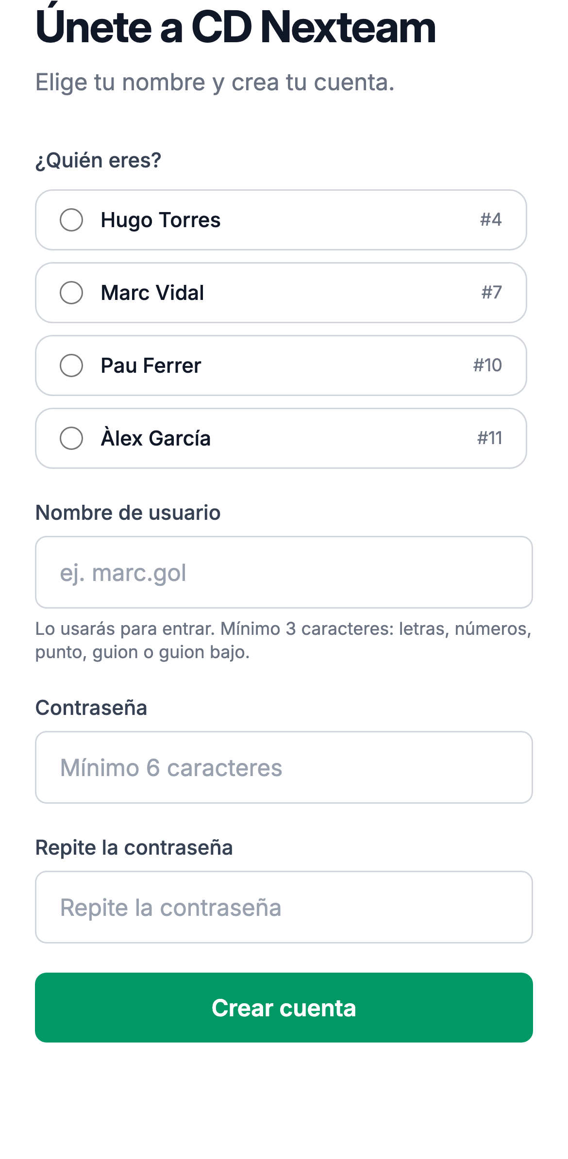 Pantalla del enlace del equipo donde eliges tu nombre en la lista y creas tu cuenta